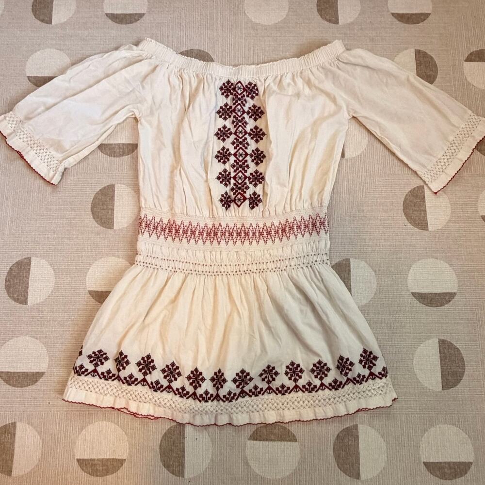 Tularosa Ivory Embroidered Boho Mini Dress Red Folk Peasant 3/4 Sleeve